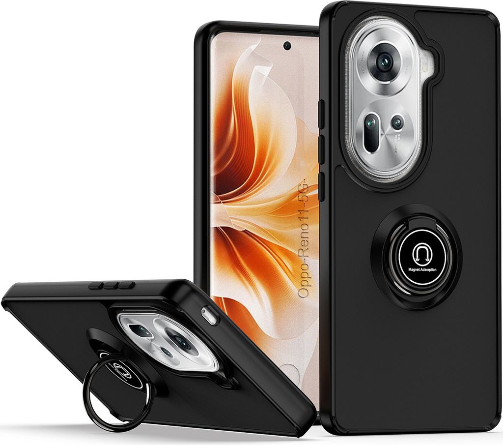 Hülle für Oppo Reno11 Ring Halter Ständer Matte Transluzent TPU Bumper Stoßfest Schutzhülle Schwarz