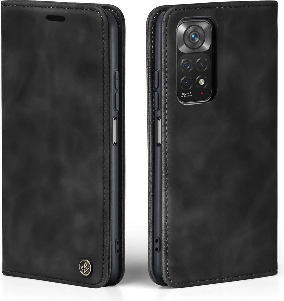A black flip case for a smartphone, shown from the front and back.