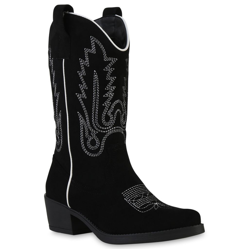 VAN HILL Damen Stiefel Cowboystiefel Stickereien Boots Spitze Schuhe 839883, Farbe: Schwarz Weiß Velours, Größe: 37