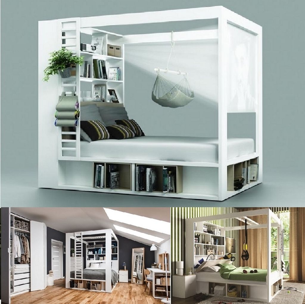 Himmelbett Doppelbett 160x200 Calgary weiß mit Regal, aufklappbarem Lattenrost und 2 Bettkasten