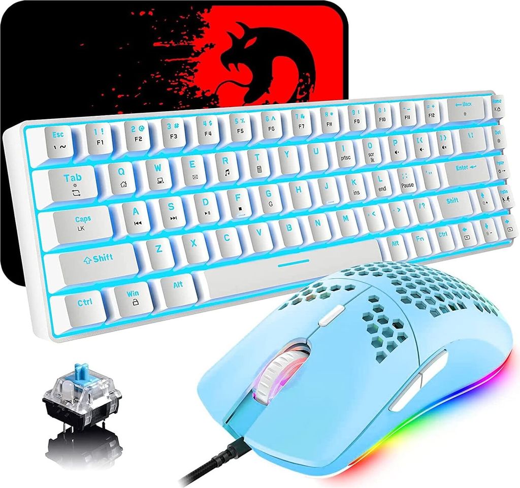 Tastatur und Maus Gaming Set, 68 Tasten Blauer Schalter 60% Mini Eisblaue Backlit Mechanische Tastatur Weiß, 6400DPI Leichte Programmierbar Maus
