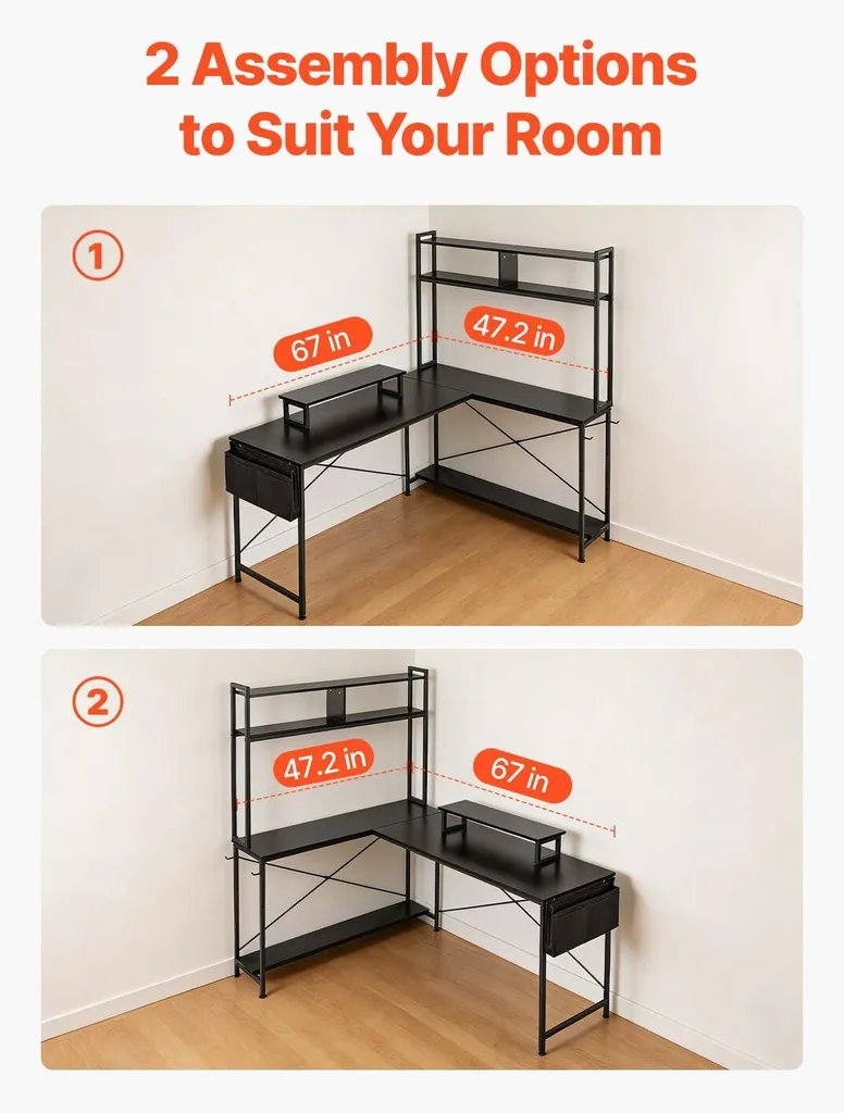 Bureau d'ordinateur en L 170cm avec support d'écran, table d'angle réversible - 5