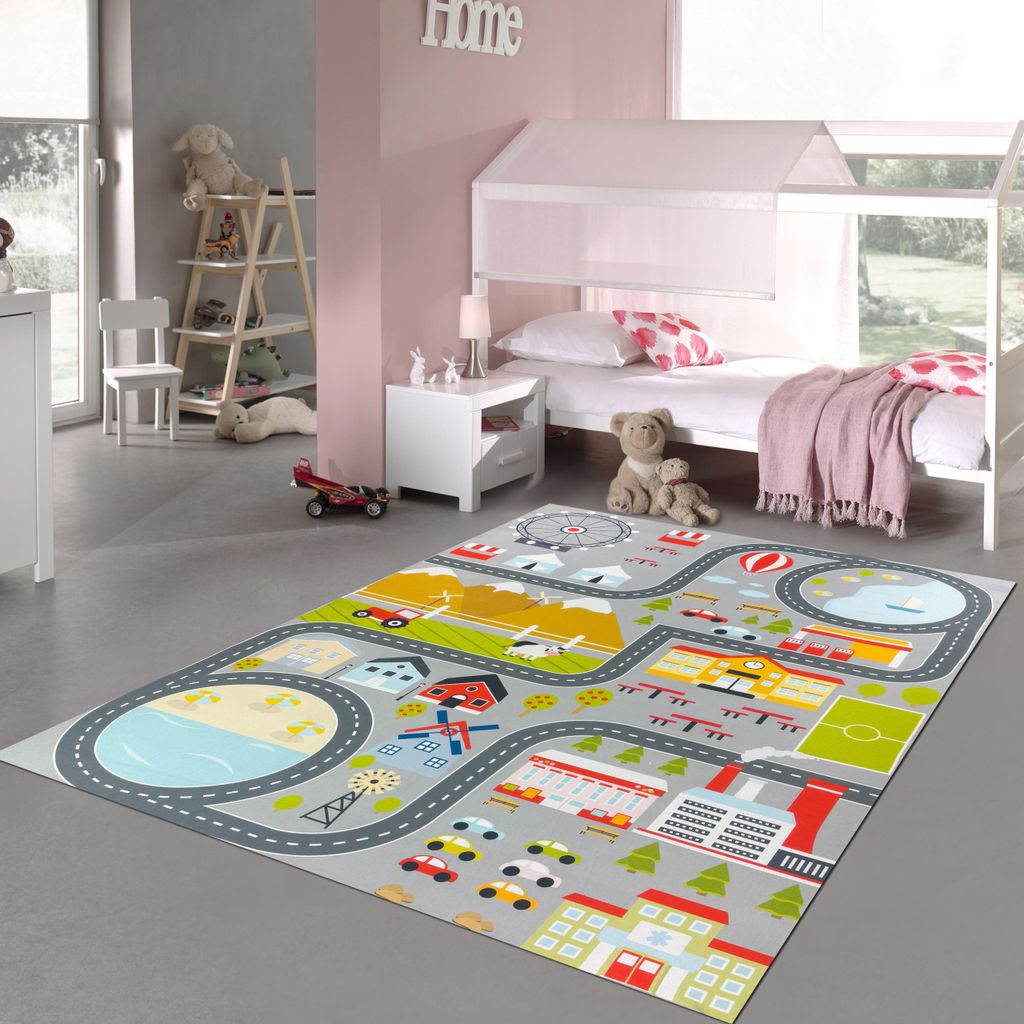 Kinderzimmerteppich rutschsicher mit Städtemuster in Grau Größe - 100 x 200 cm
