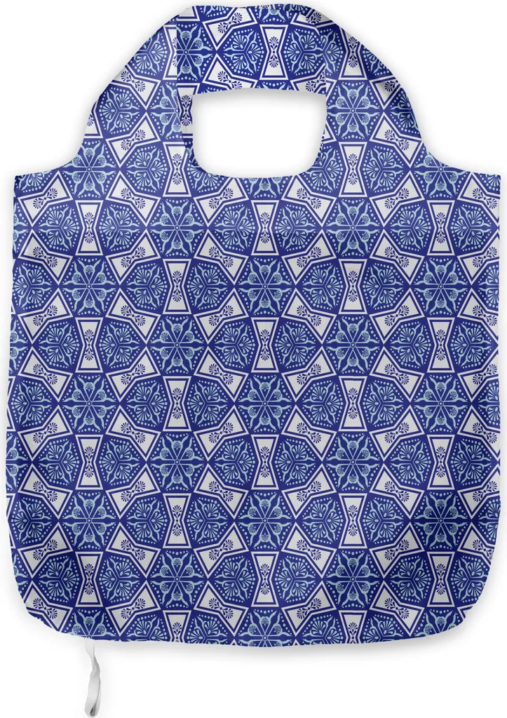ABAKUHAUS Borsa in tessuto indaco, Indigo Floral Geometric, Pratiche borse per la spesa alla moda per tutti i giorni, Blu scuro Azzurro