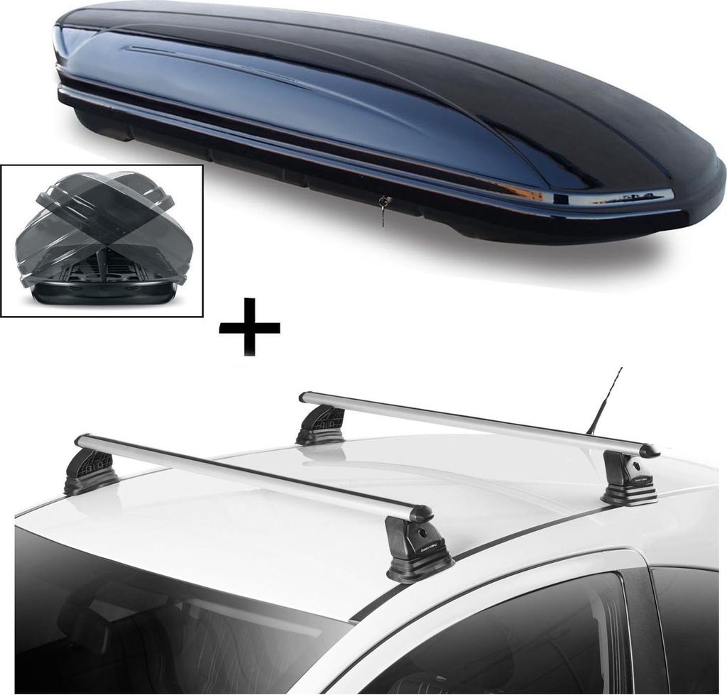 Dachbox VDPMAA580 580 Liter Duo beidseitig aufklappbar abschließbar + Dachträger VDP EVO ALU kompatibel mit für Skoda Fabia (6Y) 5 Türer 1999-2007