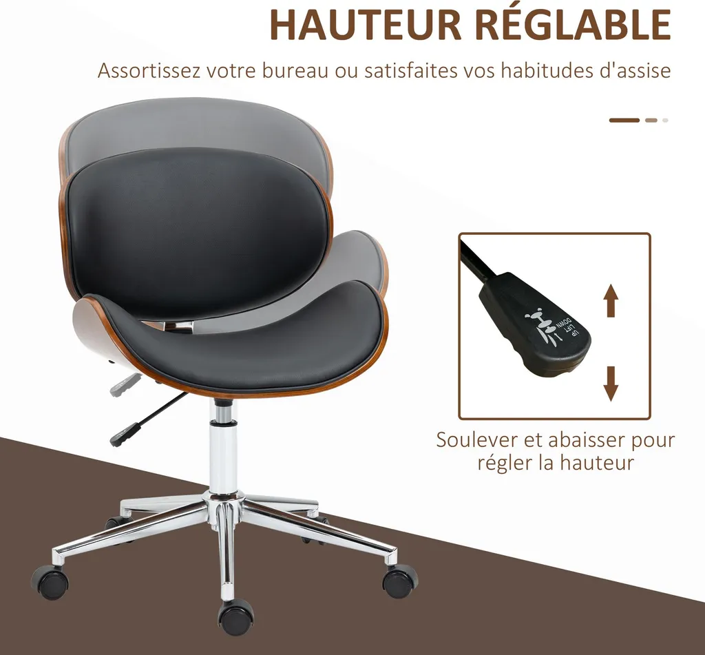 Fauteuil de bureau pivotant design bois et cuir synthétique noir