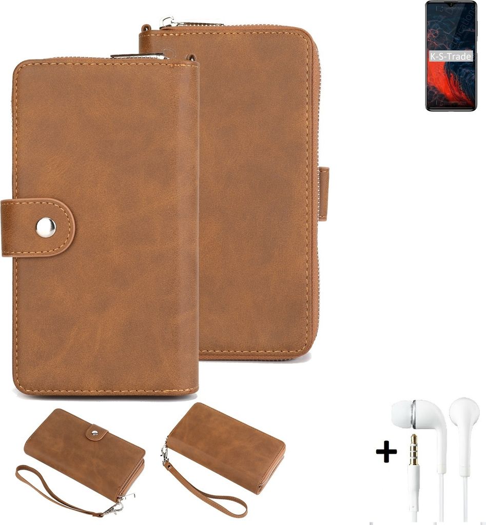 K-S-Trade Handy Schutz Hülle kompatibel mit Elephone E10 + Kopfhörer Portemonnee Tasche Wallet-Case Bookstyle-Etui braun (1x)