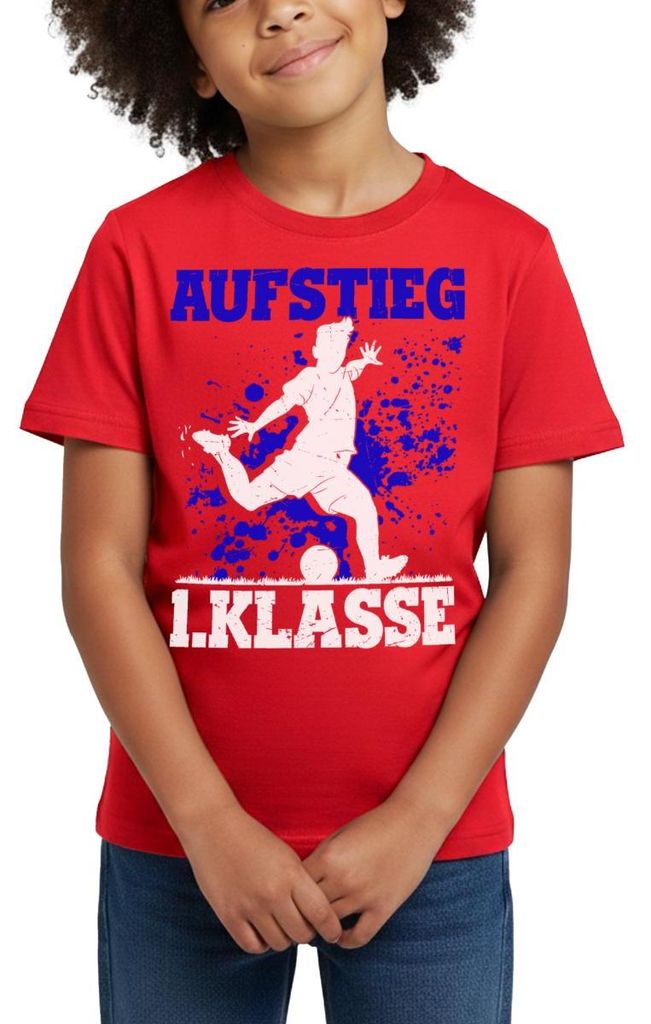 Spreadshirt Aufstieg 1. Klasse Schulanfang Fußball Blau Kinder T-Shirt, 110/116 (5-6 Jahre), Rot