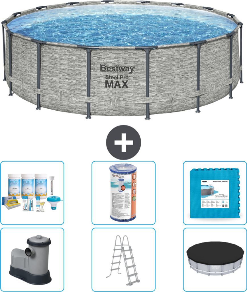 Bestway Round Steel Pro MAX Schwimmbad – Steindruck – 488 x 122 cm – inklusive Pumpe – Leiter – Abdeckung Wartungspaket - Filter - Bodenf...