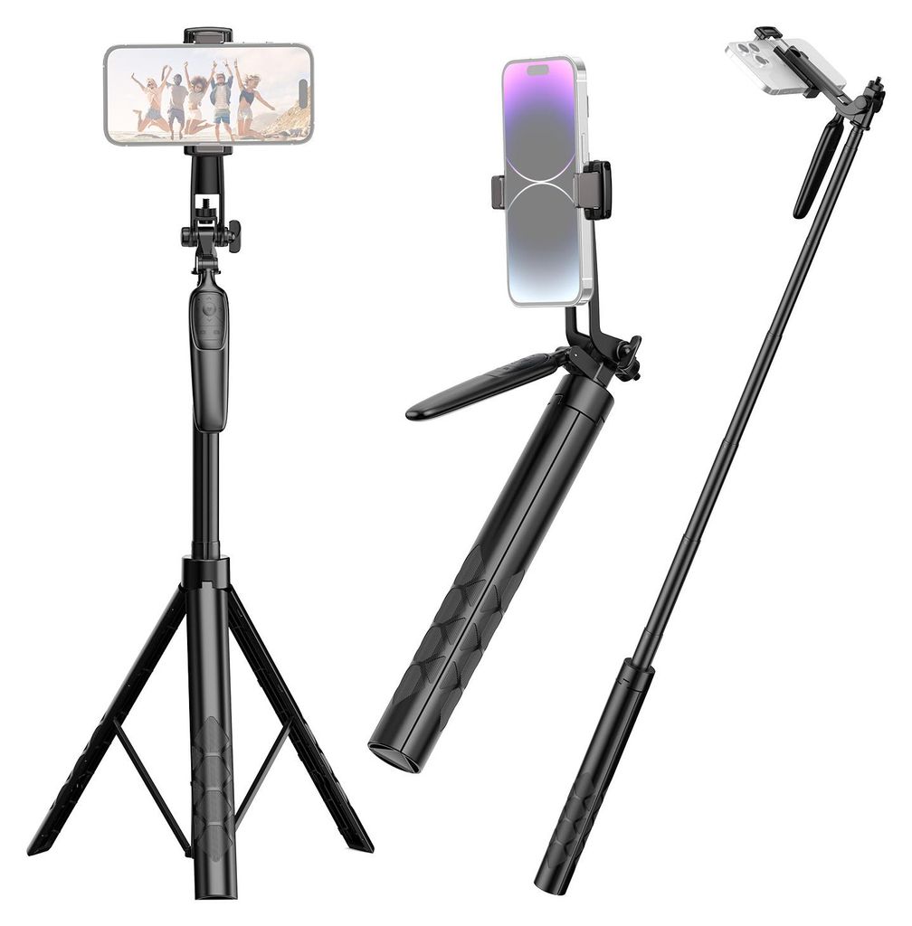 Ausziehbares Selfie-Stick-Stativ fuer Telefon, max. Hoehe 190 cm, mit flexiblem Telefonclip, 1/4-Zoll-Schraube, Fernausloeser, Telefonstativ fuer V...