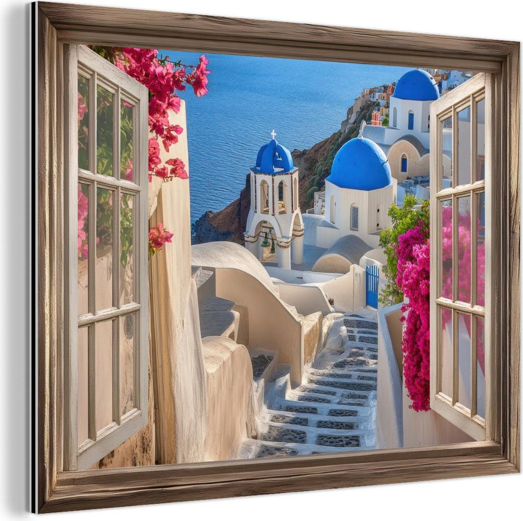 MuchoWow Wanddekoration Metall Metallbild Wandkunst 40x30 cm Durchsichtig - Santorini - Landschaft - Blau - Griechisch MuchoWow Aluminium Gemälde ...