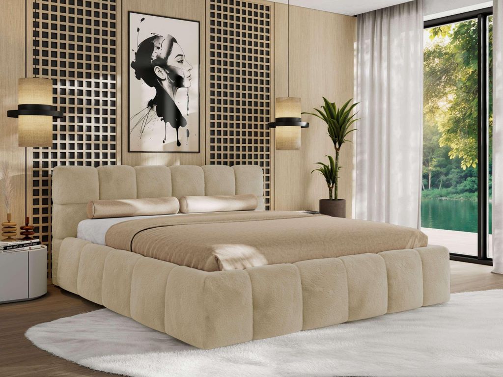 MKS MEBLE Polsterbett NIRA CLASSIC mit Bettkasten & Lattenrost gepolstertem Kopfteil Stauraumbett Gasdruck Pocket Matratze VIRE LUX 140x200 Creme P...