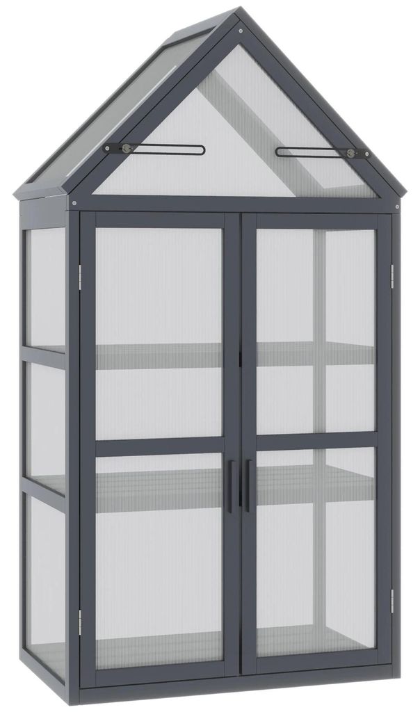 Frühbeet - Mini-Gewächshaus - 3 Ebenen - Doppeltüren - Holzrahmen - Polycarbonatplatten - Grau