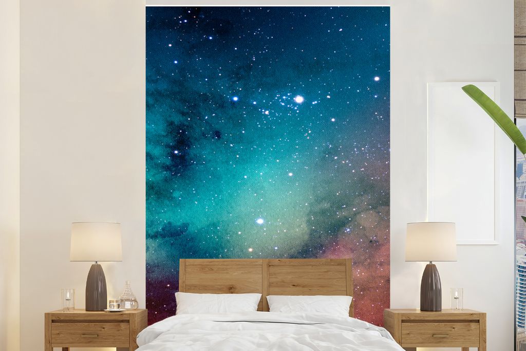 MuchoWow Fototapete für Wohnzimmer oder Schlafzimmer Wandtapete Vinyl Motivtapete Aquarell - Sternenhimmel - Blau - Braun - 195x300 cm - Das Hin...