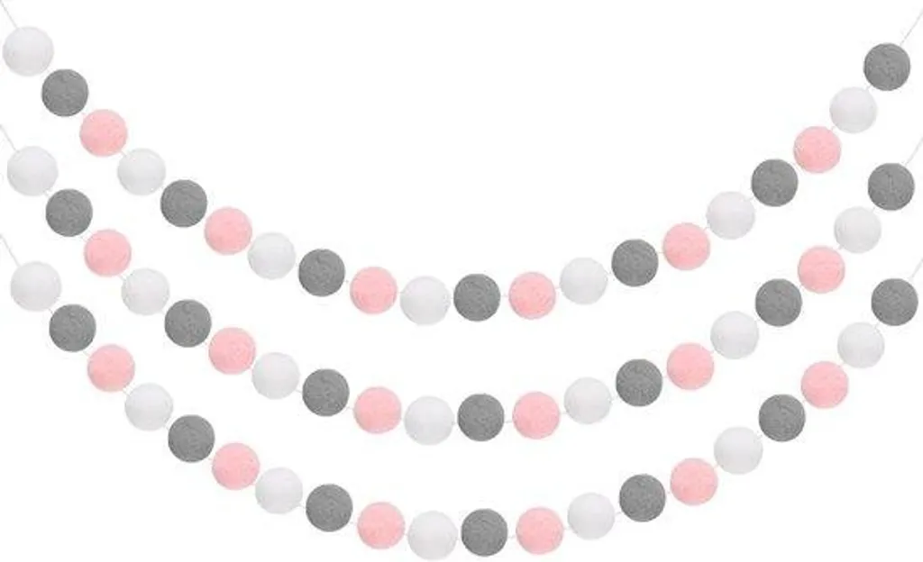 Déco murale sans trou guirlande pompons feutre 30 boules rose gris