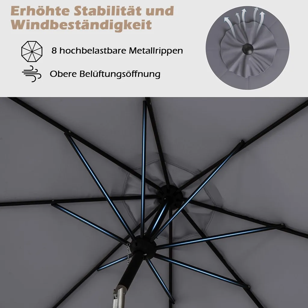 Parasol inclinable 300cm gris résistant à l'eau pour table de jardin - 3