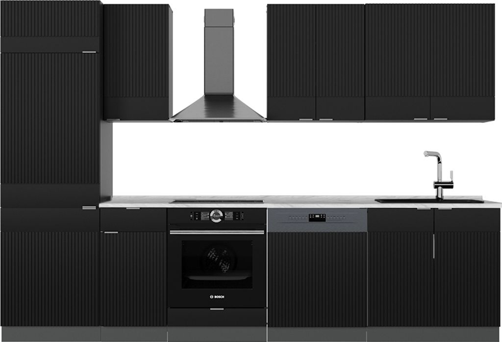 Küchenzeile Vicco Fame-Line Schwarz gestreift/Anthrazit 300 cm , AP Marmor, Model 51008