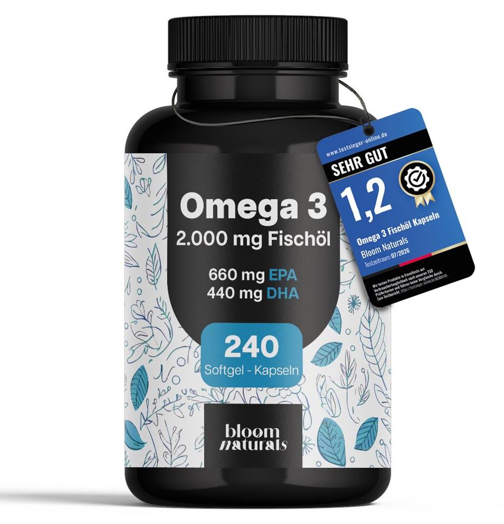 Bloom Naturals Omega 3 Kapseln 2000mg Fischöl 240 Stück Produktbild 