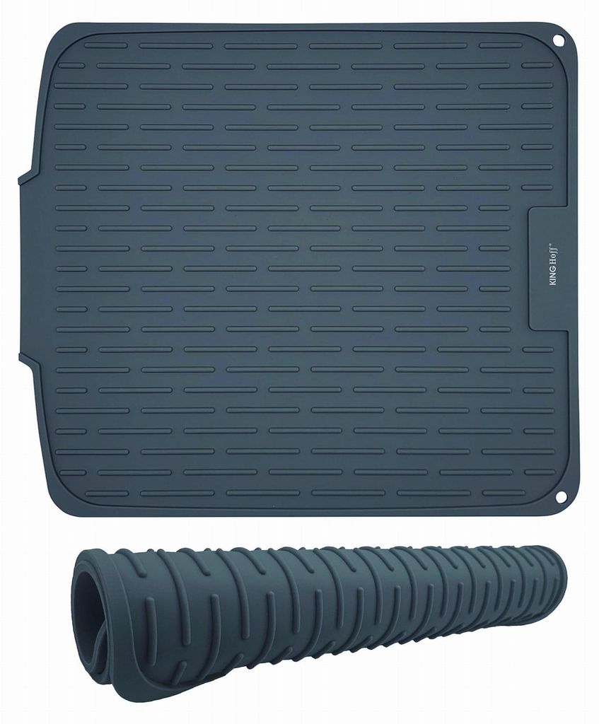 A gray silicone dish drying mat and a rolled-up version of the same mat.