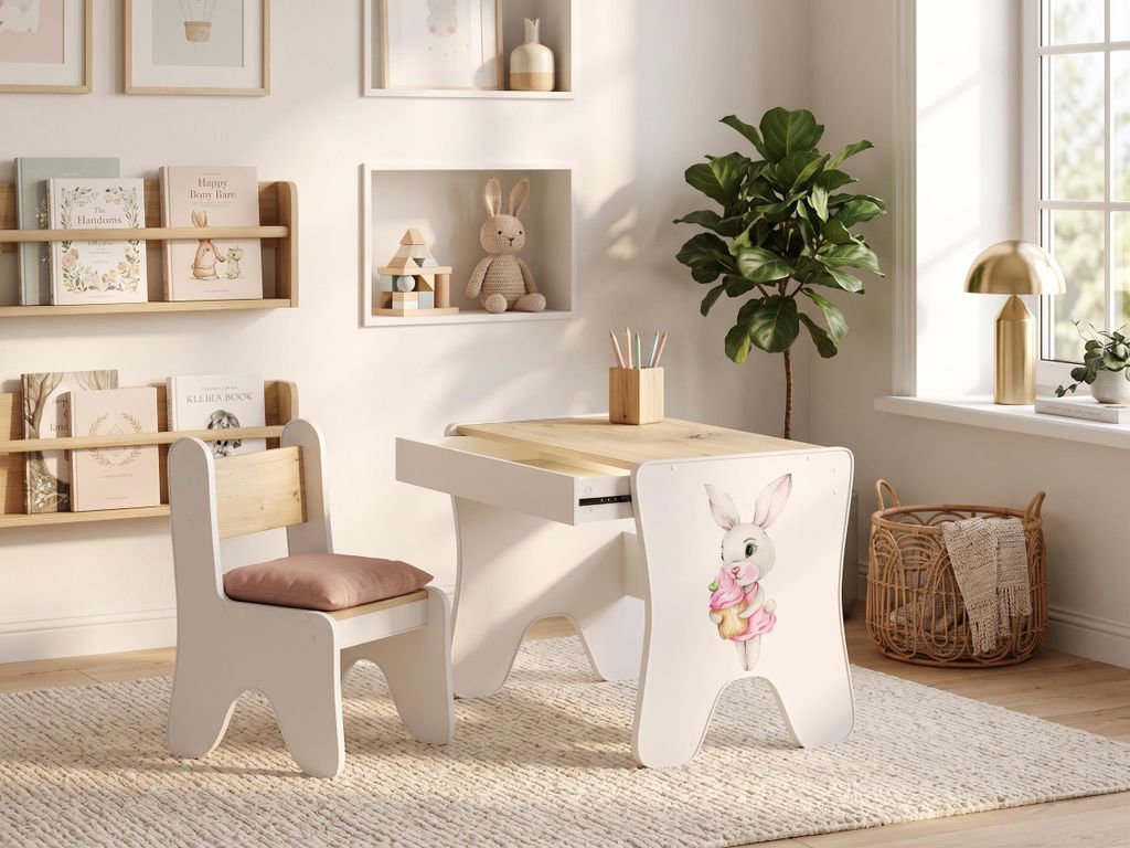 Kinder Schreibtisch mit Stuhl & Schublade | Artisan Eiche | Inklusive & Deko-Stickern | Platzsparendes Set für Kinderzimmer, Häschen, für ein M...