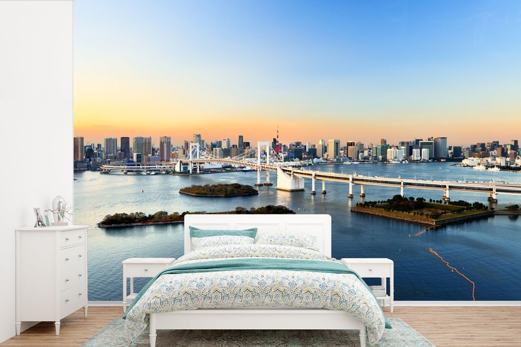 MuchoWow Fototapete für Wohnzimmer oder Schlafzimmer Wandtapete Vinyl Motivtapete Sonne - Tokio - See - 390x260 cm - Papiertapete