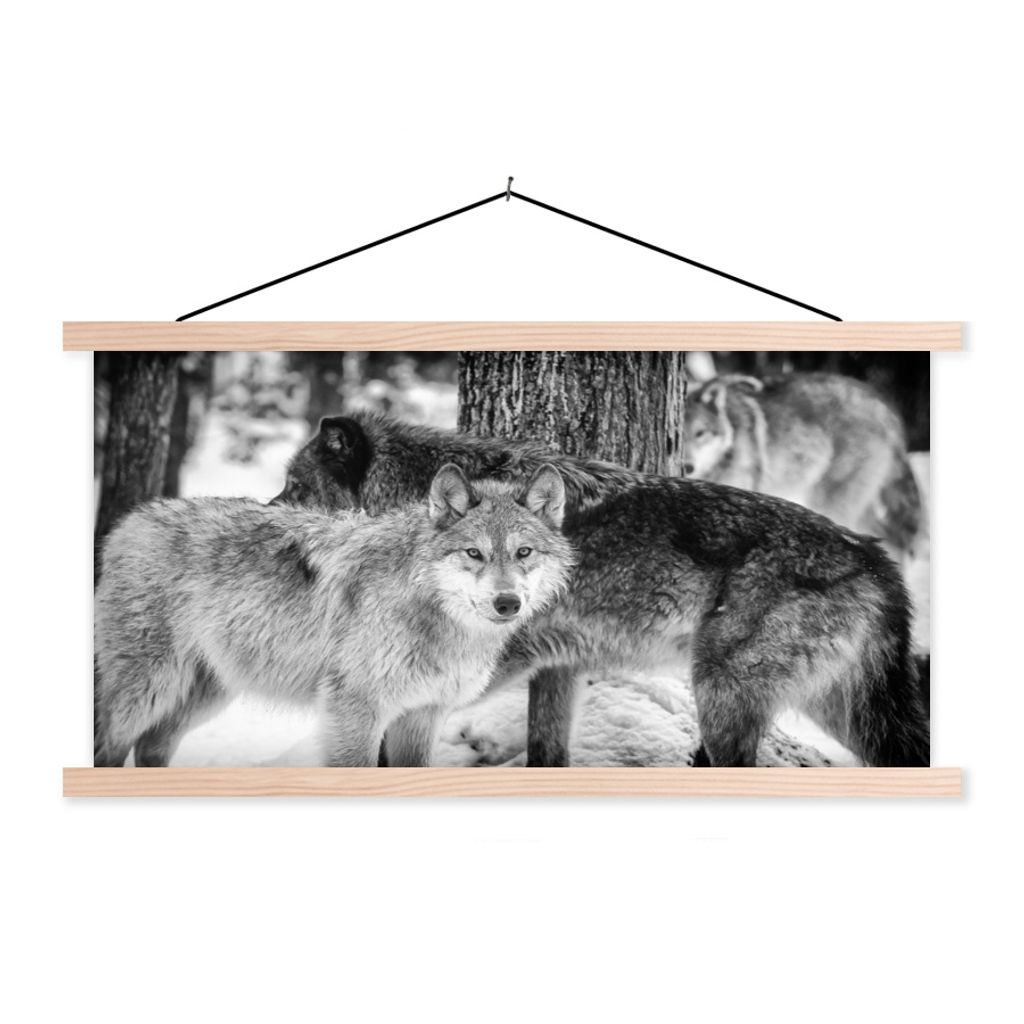 MuchoWow Textilposter Gruppe von Wölfen in Schwarz und Weiß 120x60 cm mit holzfarbenen Rahmen - Klemmleiste