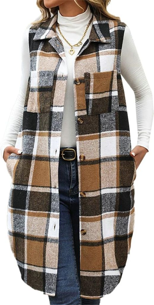 ASKSA Damen Lange Kariertes Weste Revers Frauen Winter Jacke Warm Baumwolle aermellos Tartan Freizeitjacke Winterweste (Khaki,L)