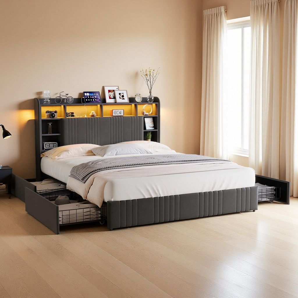 Lit 140x200 avec rangement, design moderne, éclairage LED, Image du produit 