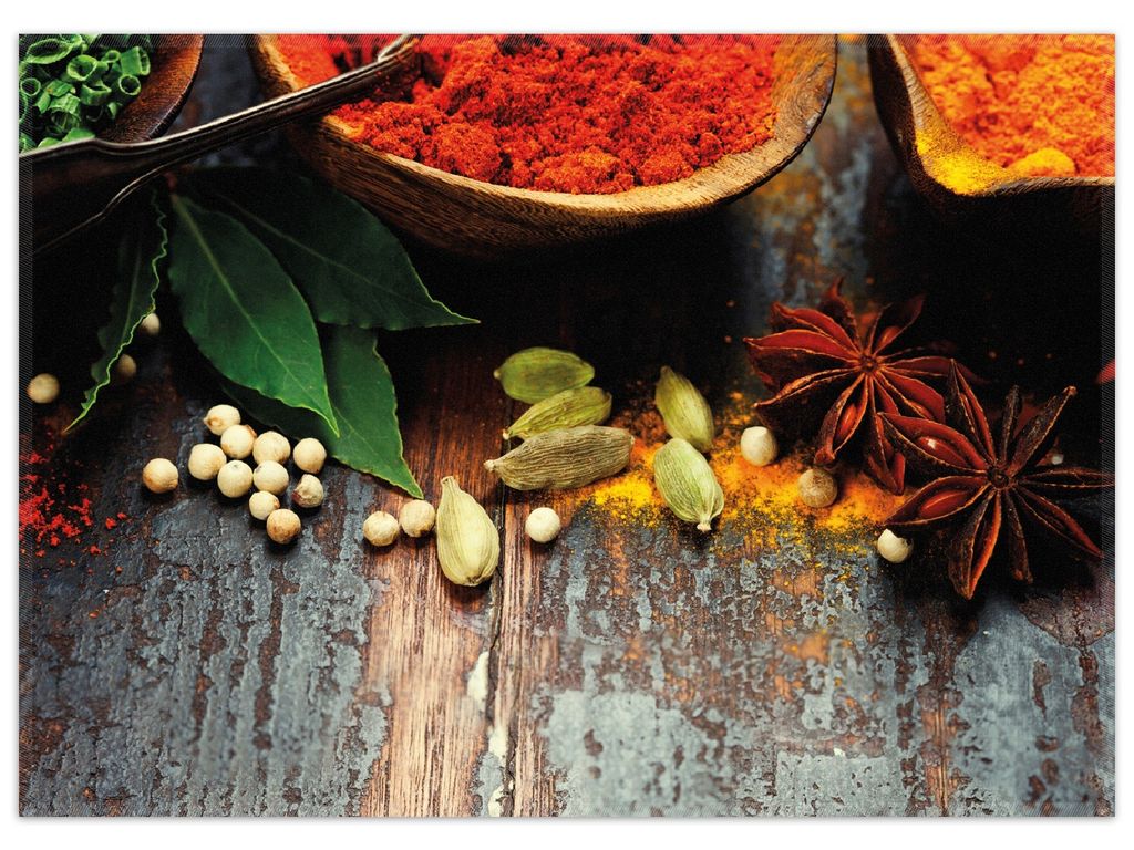 Wallario Premium Teppich, Größe 50 x 70 cm, Gewürze auf Holz - uriger Holztisch in der Küche