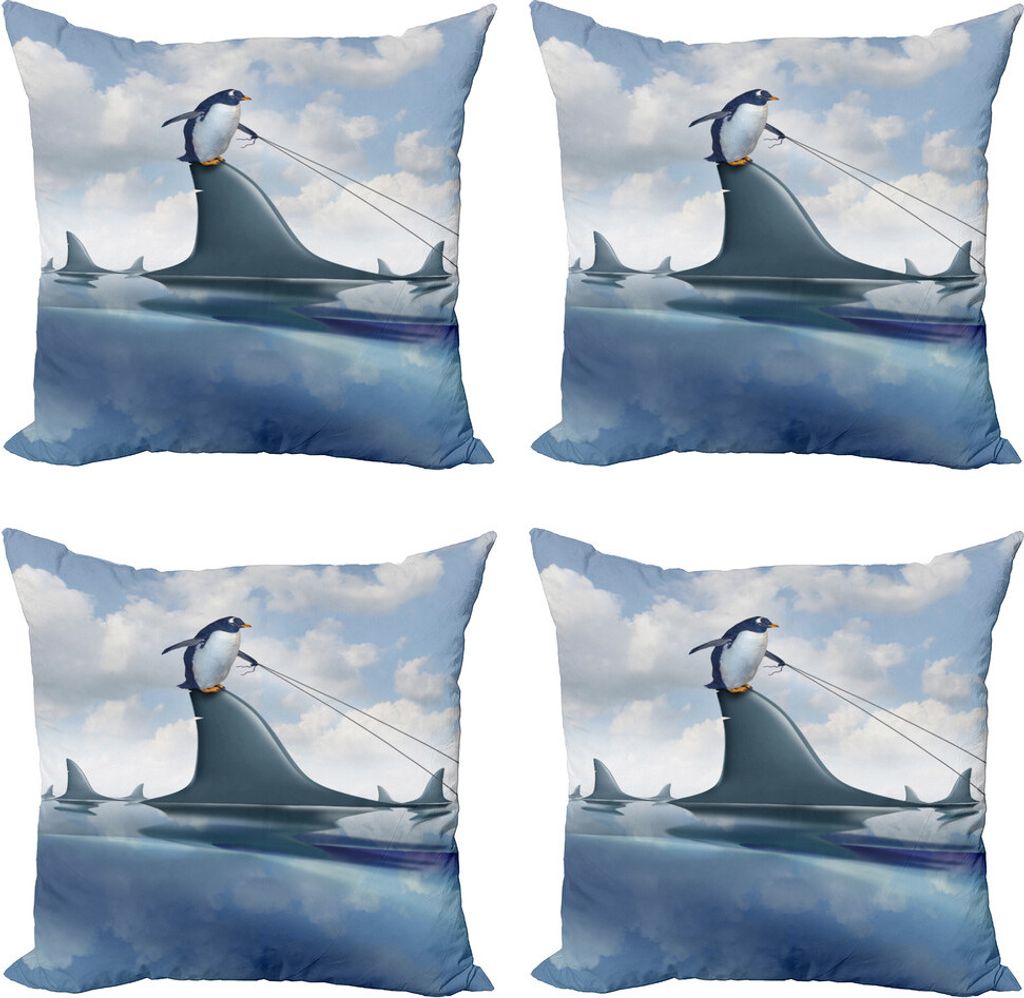 ABAKUHAUS Hai Kissenbezug Set (4 Stück), Penguin Holding-Wildfisch, Moderner Doppelseitiger Digitaldruck, 60 cm x 60 cm, Blau, Grau, Staub