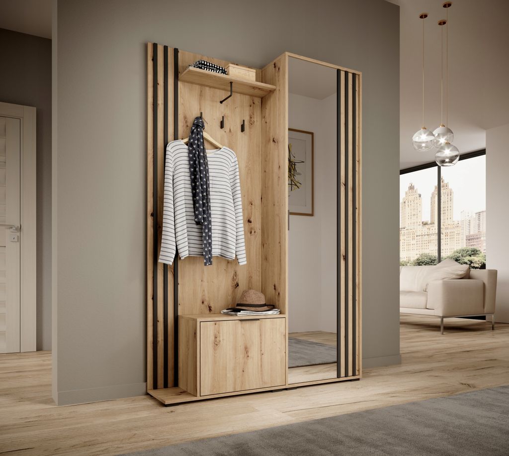 Garderobe-Set KELLY Kleiderständer Garderobe Schrank Schuhschrank Spiegel (Eiche Artisan)