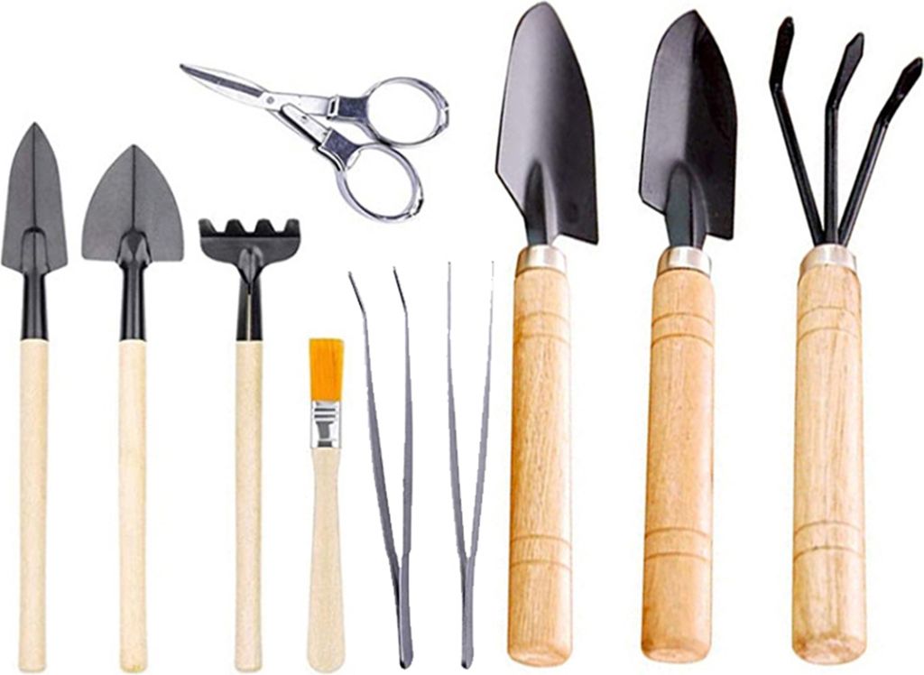 10 STueCKE Garten Pflanzwerkzeug Set Faltschere Rechen Schaufeln Pinzette Bonsai Sukkulente Miniatur Fee Mini Garten Pflanzen Gartenarbeit Handwerk...