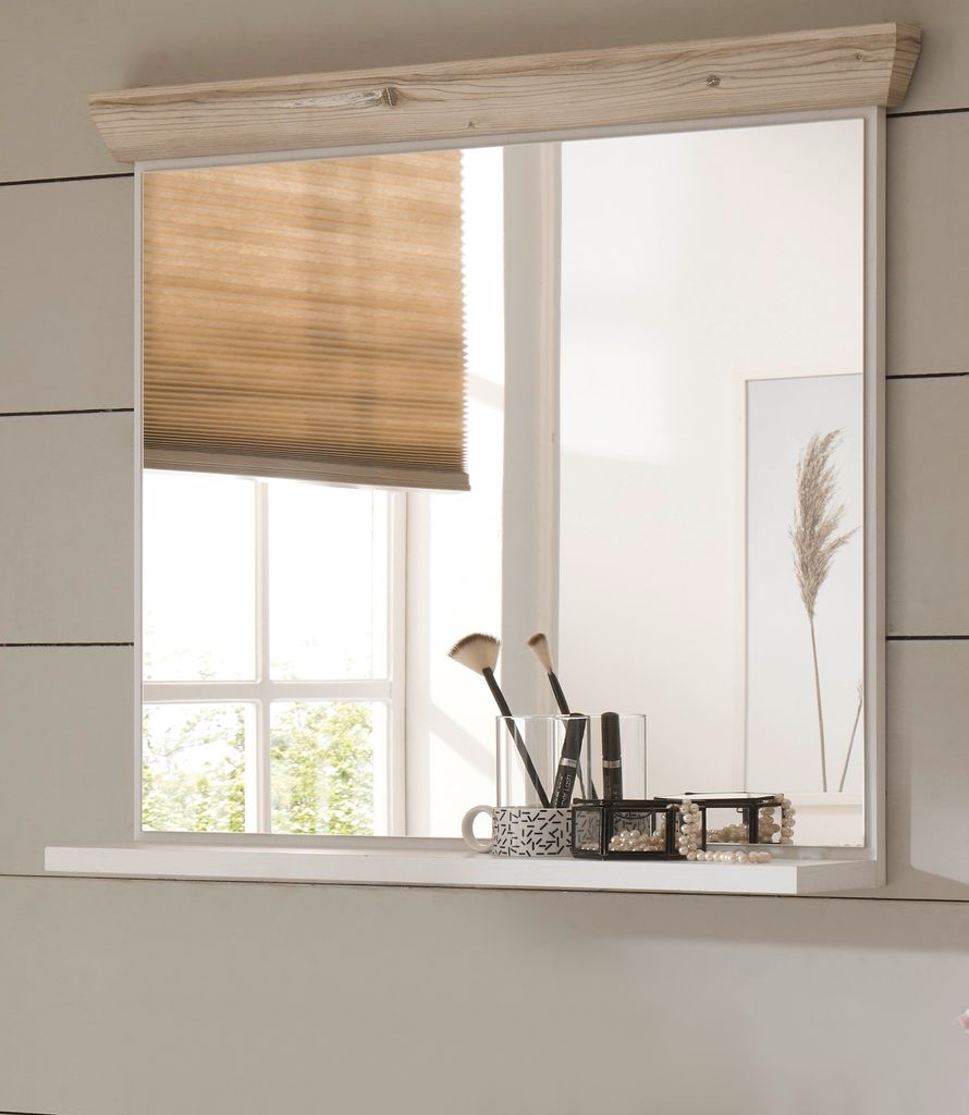 Badezimmer Spiegel "Rovola" Pinie weiß / Oslo Pinie Landhaus Badspiegel mit Ablage