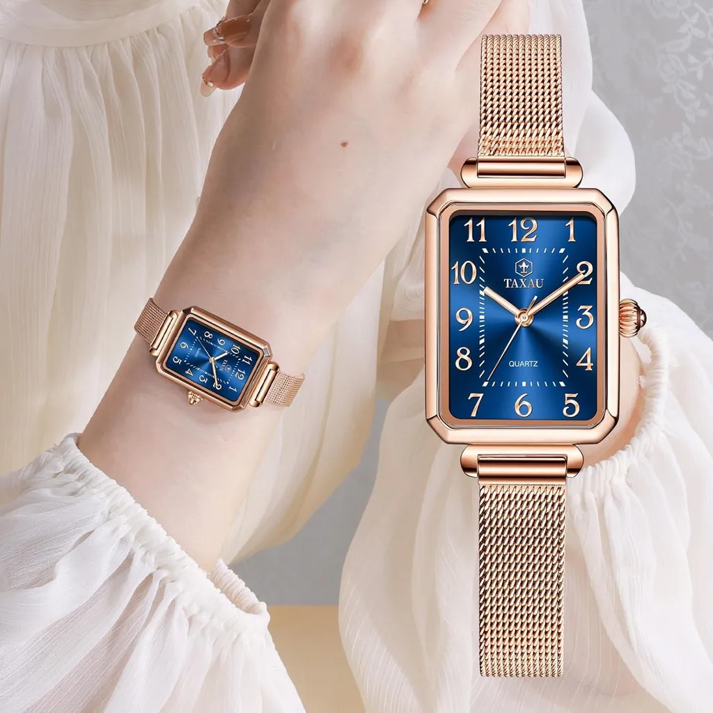 Orologio da donna Orologio da polso quadrato da donna con bracciale in acciaio inox a maglie Orologio rettangolare da donna Moda orologio da polso da donna Rosegold impermeabile elegante orologio al quarzo - 4