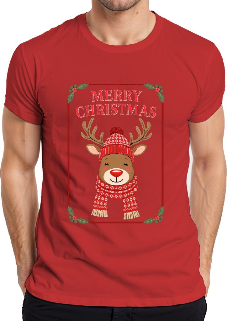 MERRY CHRISTMAS Weihnachtsrentier rote Nase Schal Norweger lustig Herren T-Shirt, Rot, XXL