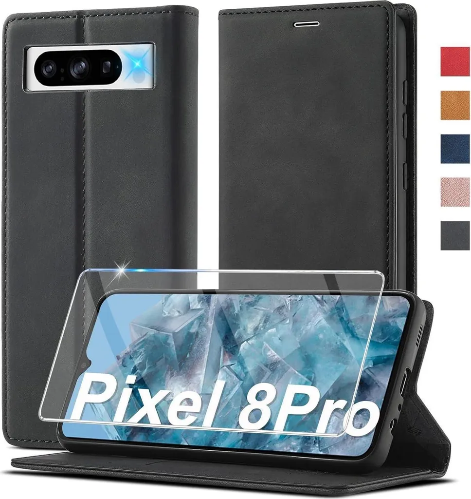 Étui à Rabat Google Pixel 8 Pro Noir en Cuir Style Portefeuille Chic