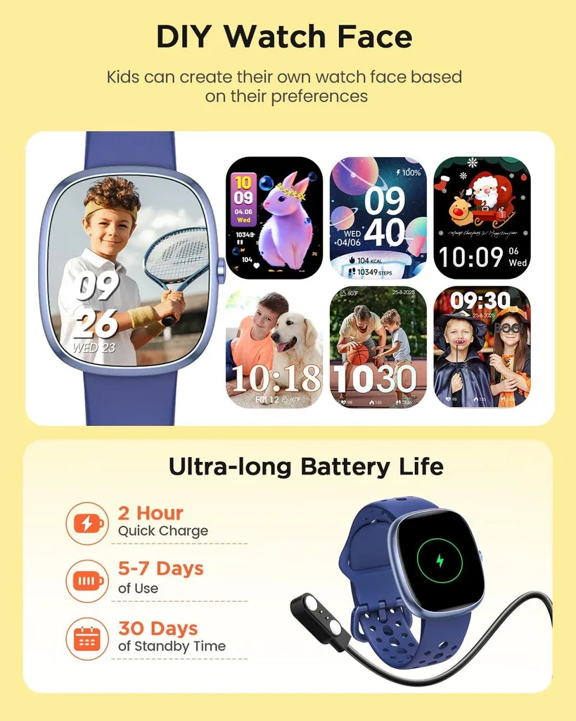 Smartwatch per bambini per ragazzi e ragazze, orologio impermeabile IP68 per attività di fitness per bambini, 20 modalità sportive, pedometro, cardiofrequenzimetro, sveglia, - 6