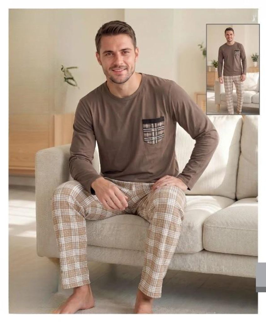 Pigiama da uomo, set in cotone, color marrone, taglia L, Immagine del prodotto 