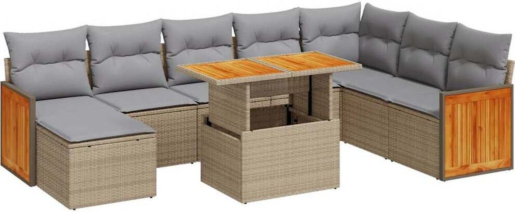 vidaXL 9-tlg. Garten-Sofagarnitur mit Kissen Beige Poly Rattan Akazie