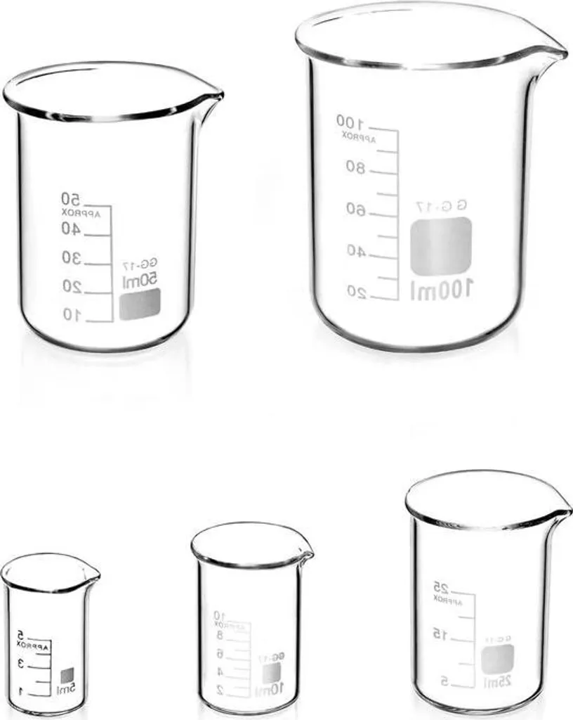 Set di misuratori in vetro - 5 pezzi - 5 ml, 10 ml, 25 ml, 50 ml, 100 ml - Cucina da laboratorio
