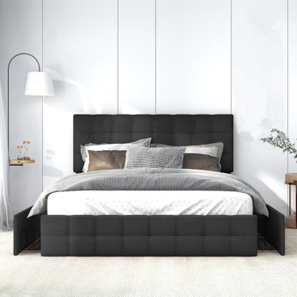 Polsterbett mit 4 Schubladen, Doppelbett mit Lattenrost, Stauraum Bett, höhenverstellbares Kopfteil & quadratisches Nähdesign, Metalllattenstütze