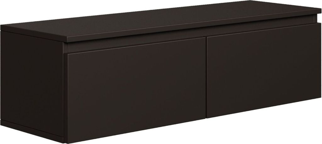 A dark brown, modern TV stand with two doors, shown from a slight diagonal angle against a white background.