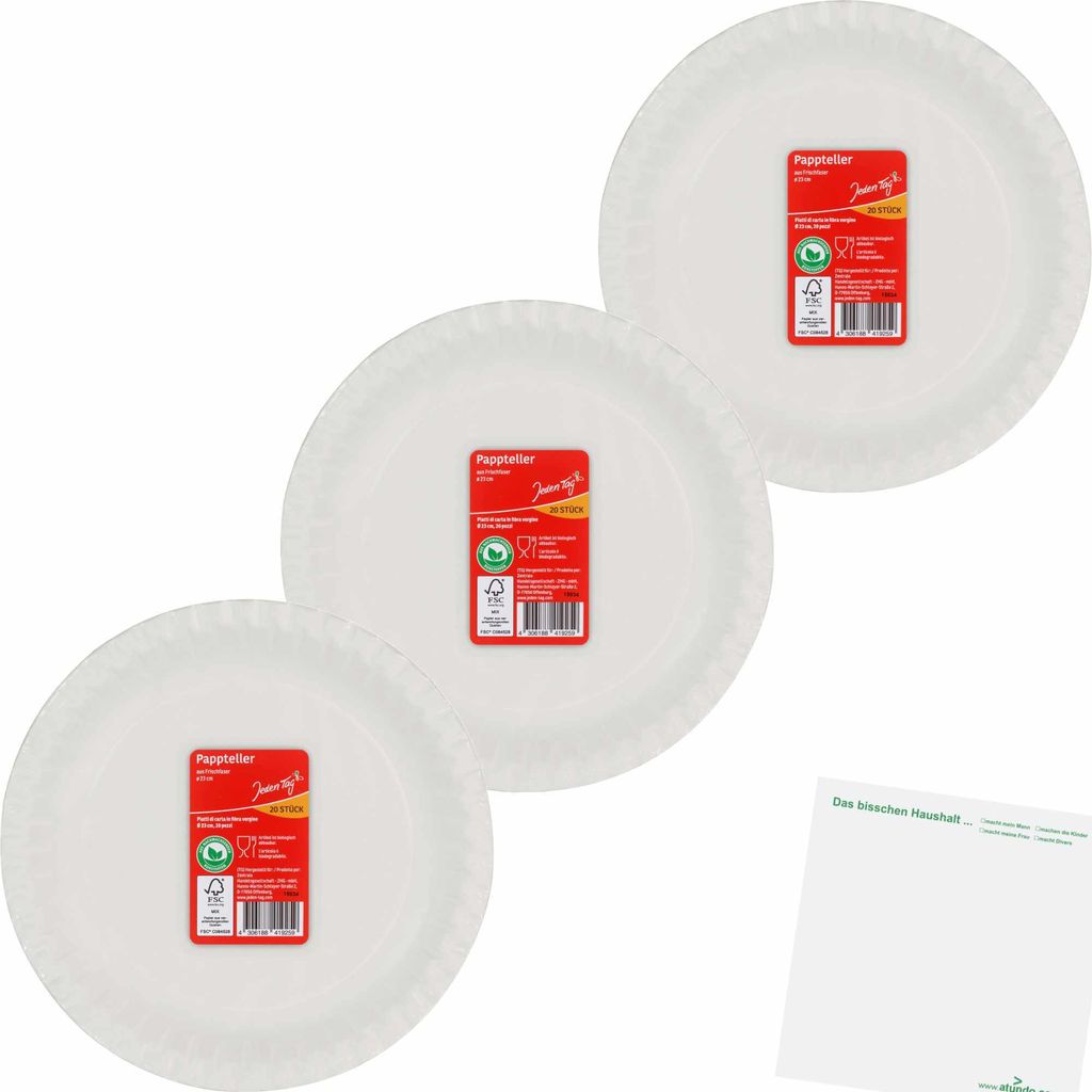 Jeden Tag Pappteller 23cm weiss 3er Pack (3x20Stk) + uay Block