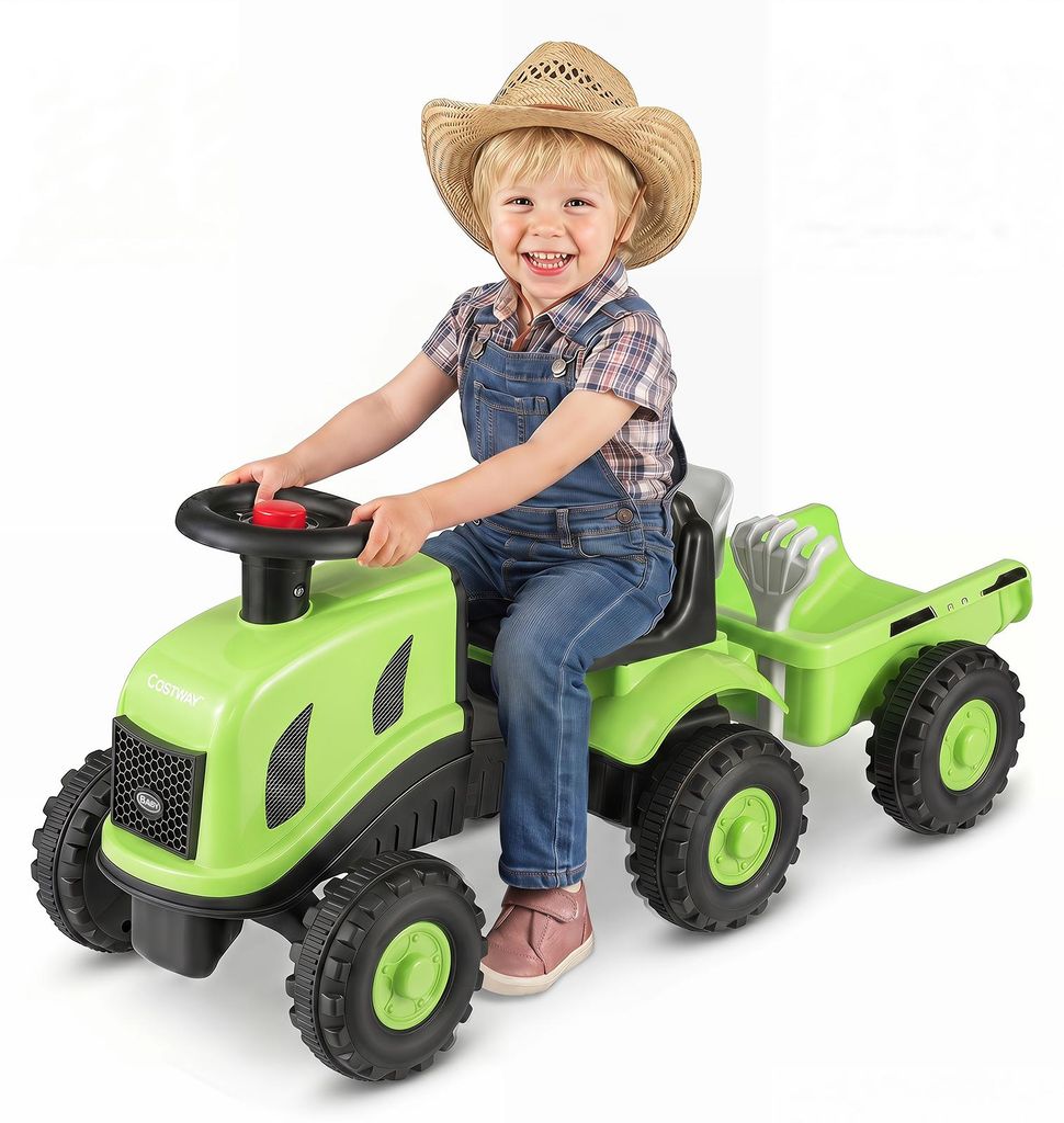 COSTWAY kinder tractor met aanhanger, 2-in-1 schuifvoertuig Productafbeelding 