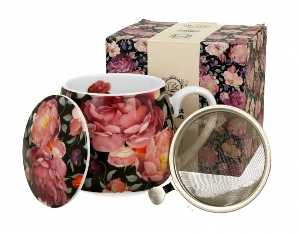 DUO FLORAL Fassbecher 430 ml SPRING ROSES BLACK mit Teesieb, New Bone China Porzellan