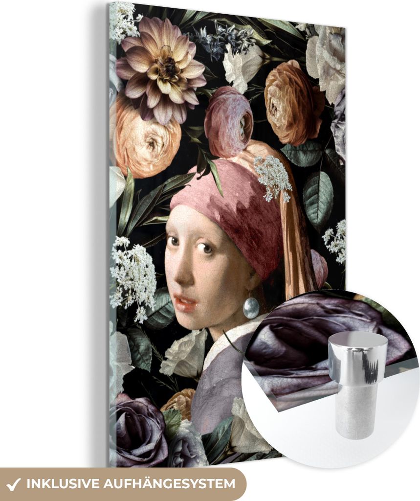 MuchoWow Glasbilder - Bilder auf Wandbild - Foto auf Glas Mädchen mit Perlenohrring - Blumen - Vermeer - Pastell - Kunstwerk - Gemälde - Alte Mei...
