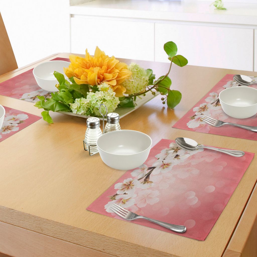 ABAKUHAUS Koralle Platzmatten, Blühender AST Japanischer Kirsch Sakura Frischer Frühlingsgarten Romantisch, Tiscjdeco aus Farbfesten Stoff für d...