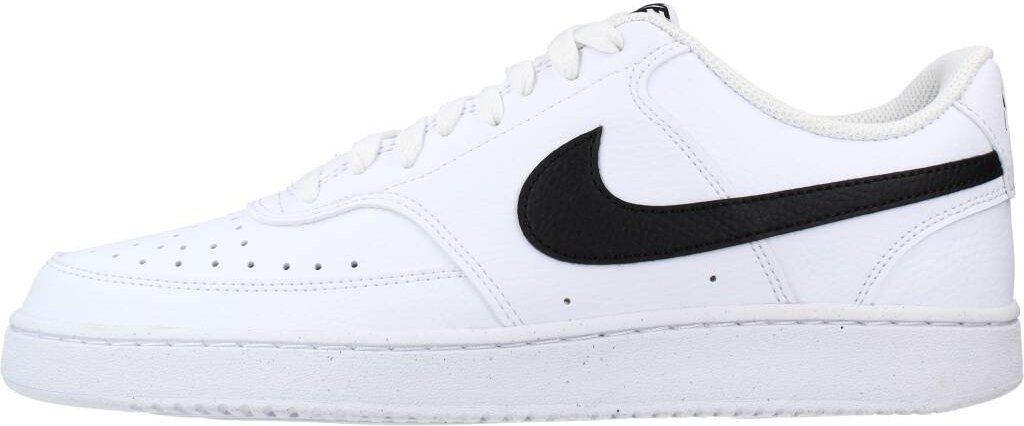 A side view of a white Nike Court Vision Low sneaker with a black Nike swoosh logo.