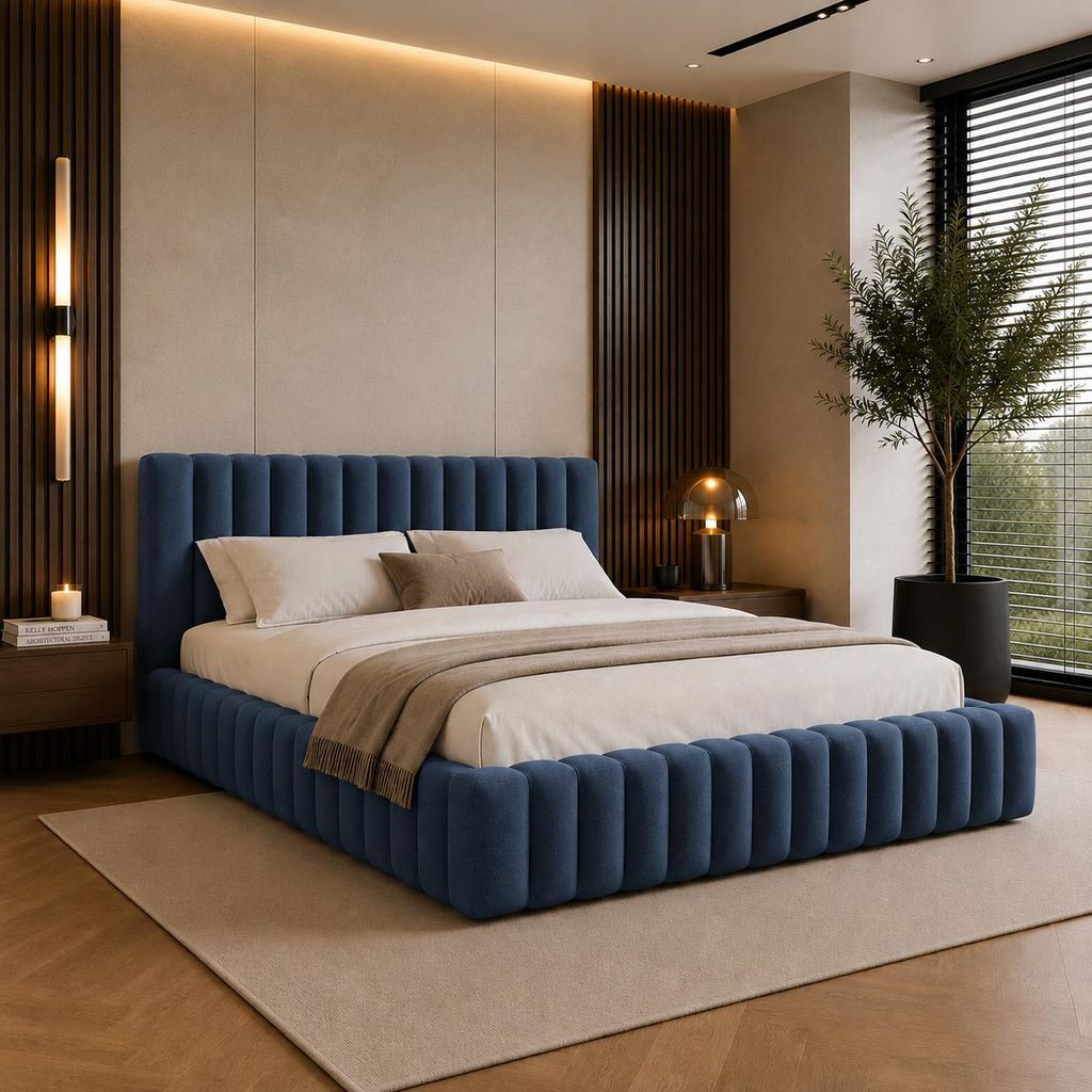 FURNISTAR Polsterbett BLIVIO 180x200 cm, Polsterbett mit Bettkasten, Stauraum und Lattenrost, Doppelbett, Boxspringbett-Optik, Blau