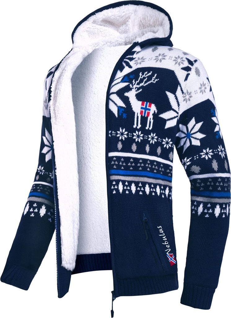 Nebulus Norweger Jacke Hoody mit Teddyfell NORON Herren, mit Kapuze, schicker Pullover im Norweger-Style, P6401 - Herren, navy-weiß, M